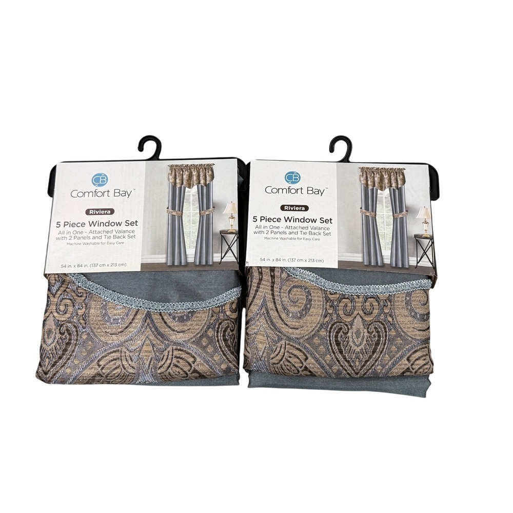 Comfort Bay Riviera 5 Piece Window Set Grey Gold‎ Damask 54 x 84 2 Pack